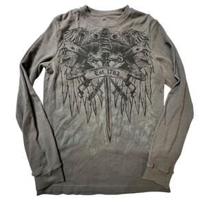 Y2K Destruction Emo Affliction Style Grey Thermal Long Sleeve Size Large